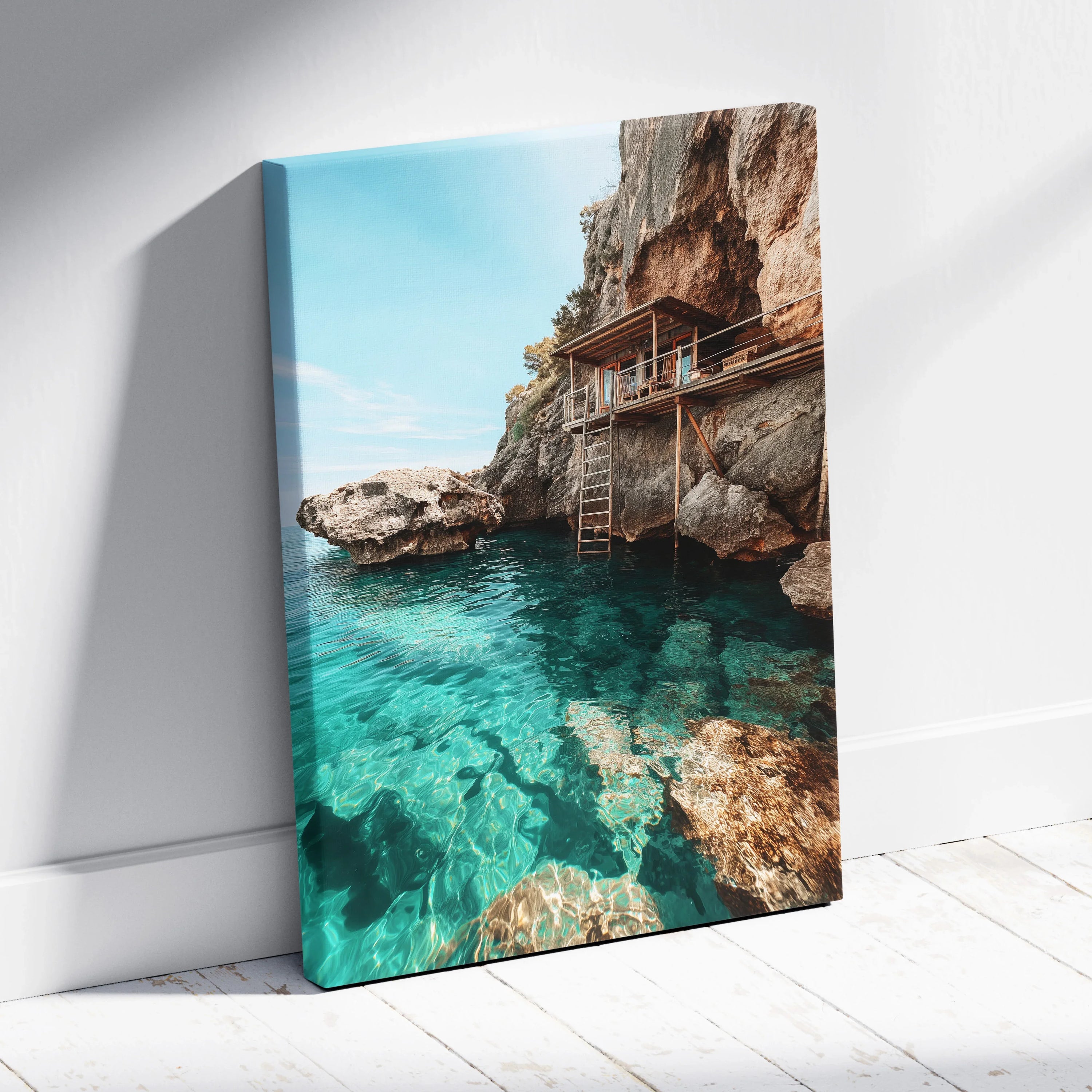 Canvas wall art featuring a serene beach scene with clear turquoise water and rocky cliffs.