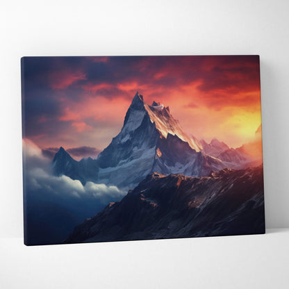 Canvas print of snow-capped Alpine mountain at sunset with orange purple clouds