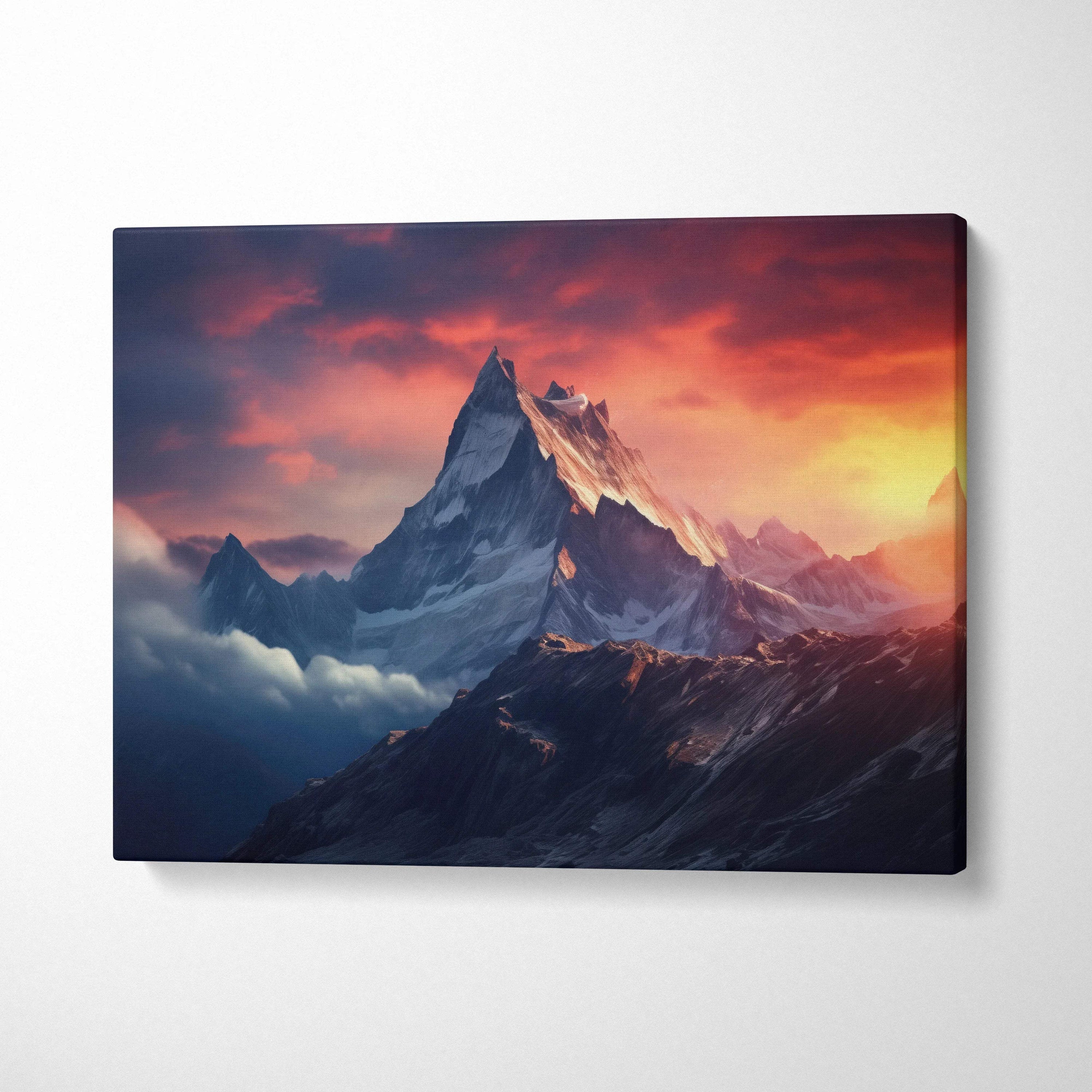 Canvas print of sunset peaks over snowy ridge in orange and blue mood
