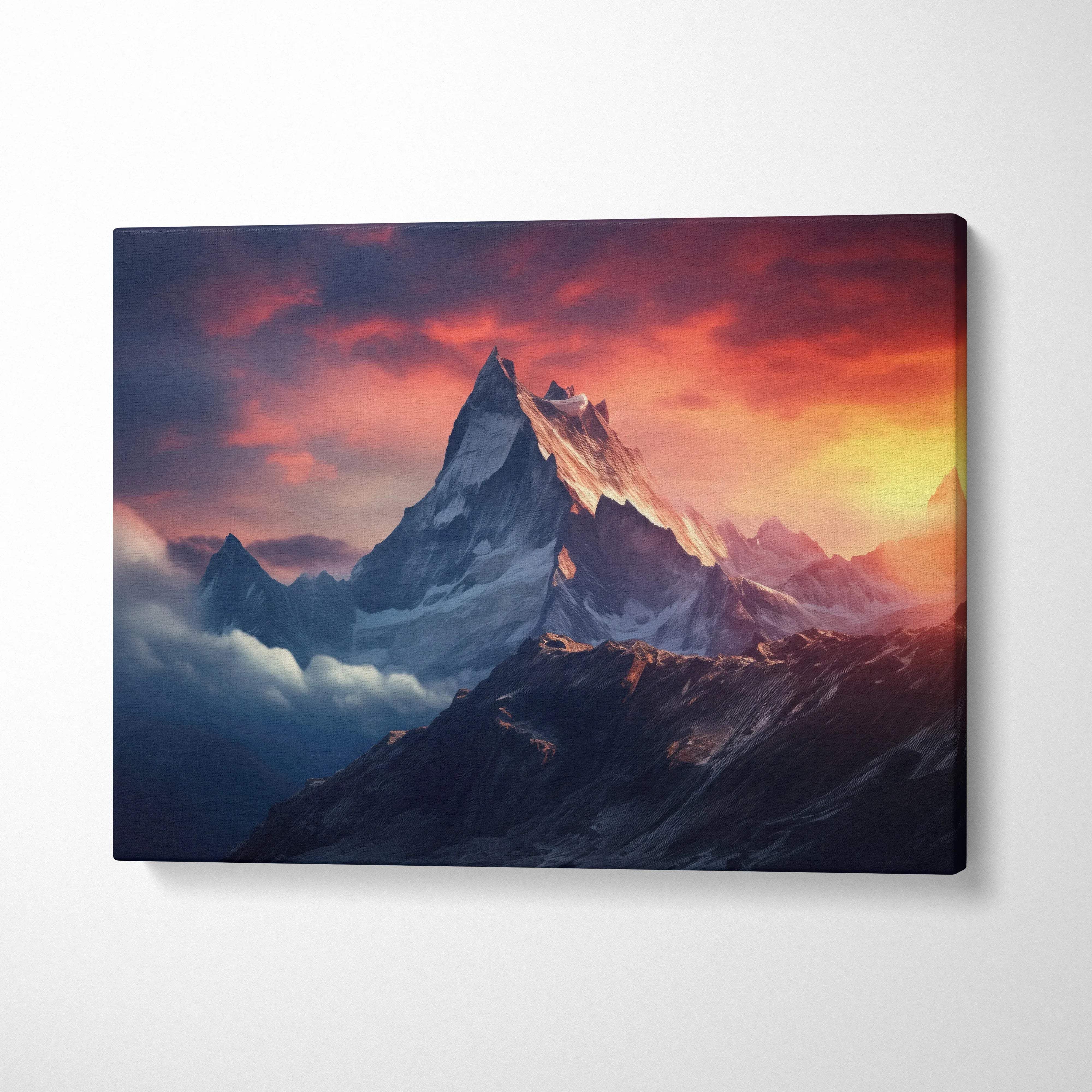Canvas print of sunset peaks over snowy ridge in orange and blue mood