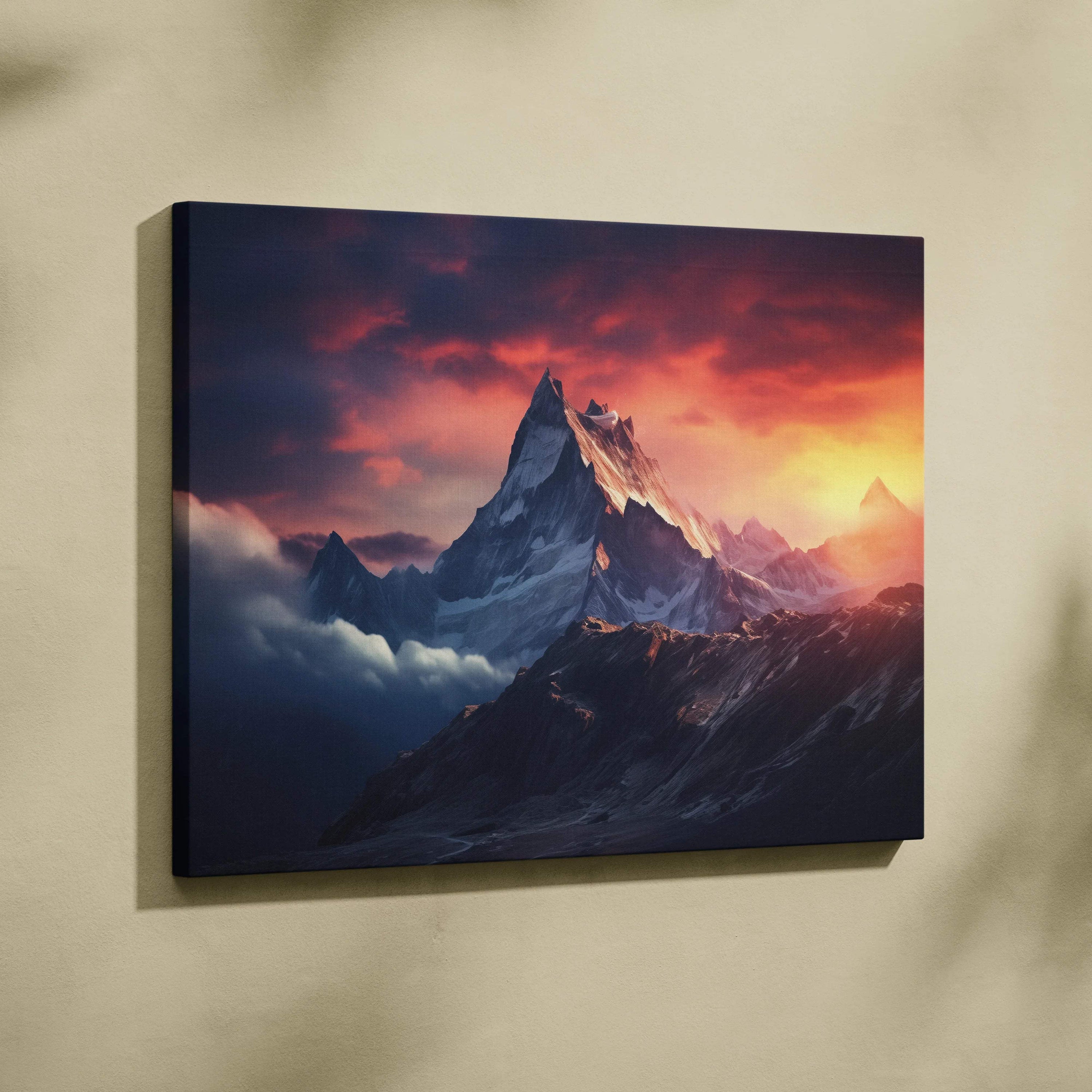 Canvas print of sunset peaks over snowy alpine ridge in warm orange hues