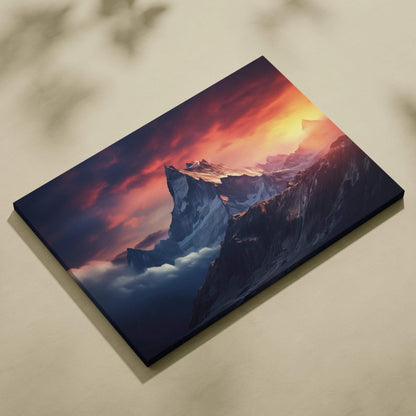 Canvas print of sunset peaks over snowy alpine ridge in orange and purple