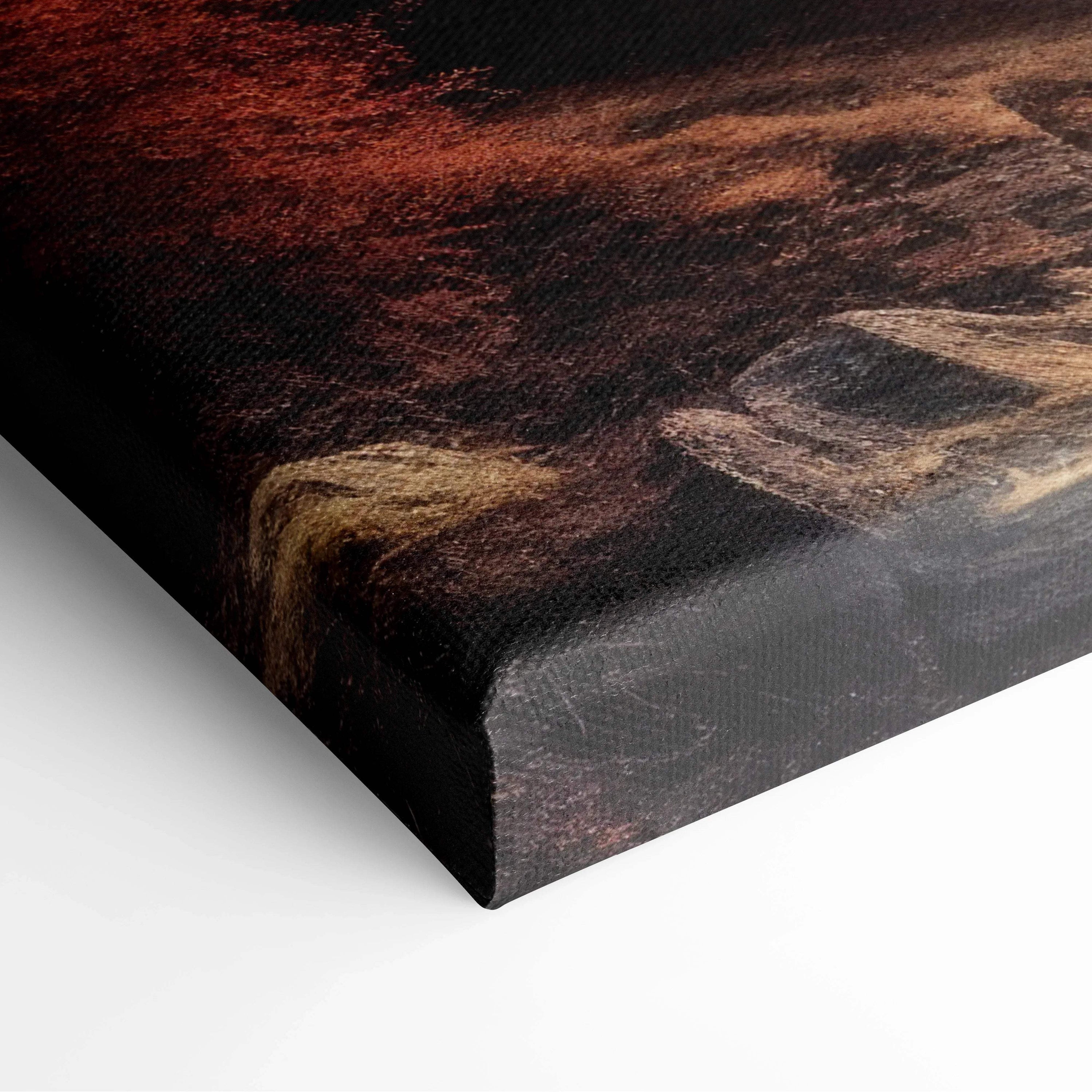 Textured canvas print of foggy mountain sunrise in warm reds and browns