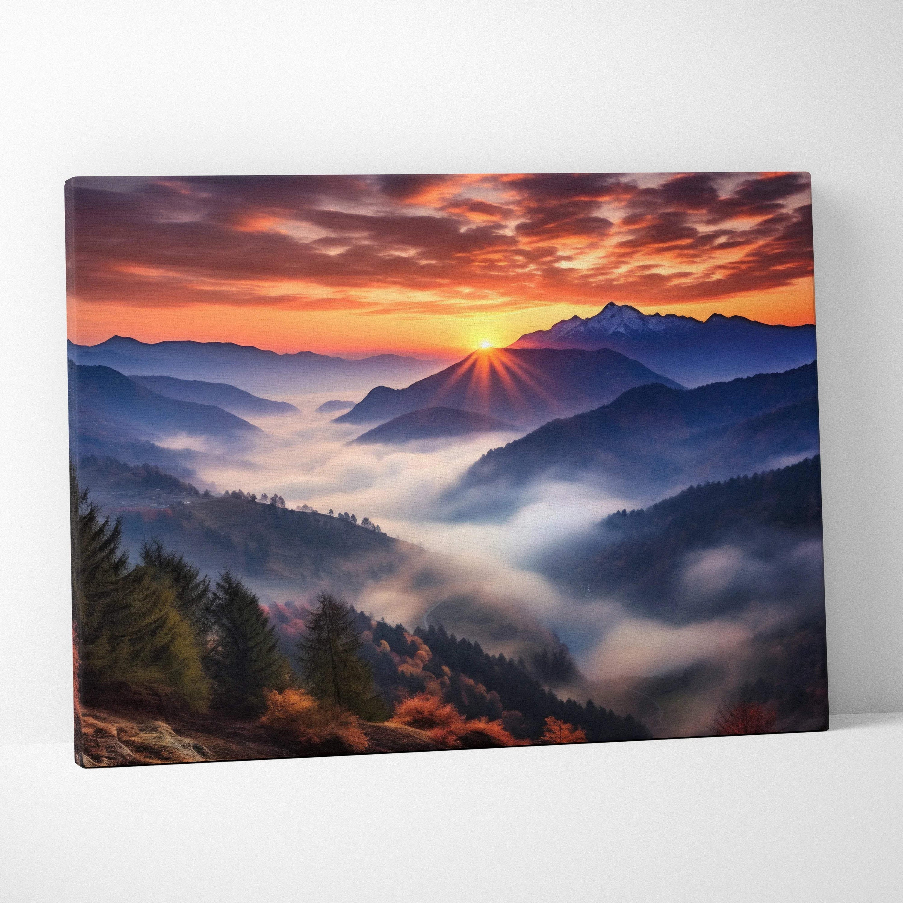 Canvas wall art of mountain sunrise with orange purple skies misty foggy valleys alpine peaks evergreen trees