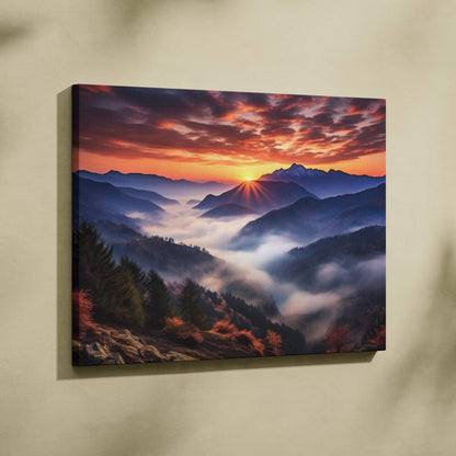 Canvas print of mountain sunrise with orange purple clouds over foggy alpine peaks