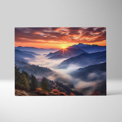 Vibrant canvas wall art of mountain sunrise with foggy valley and alpine peaks