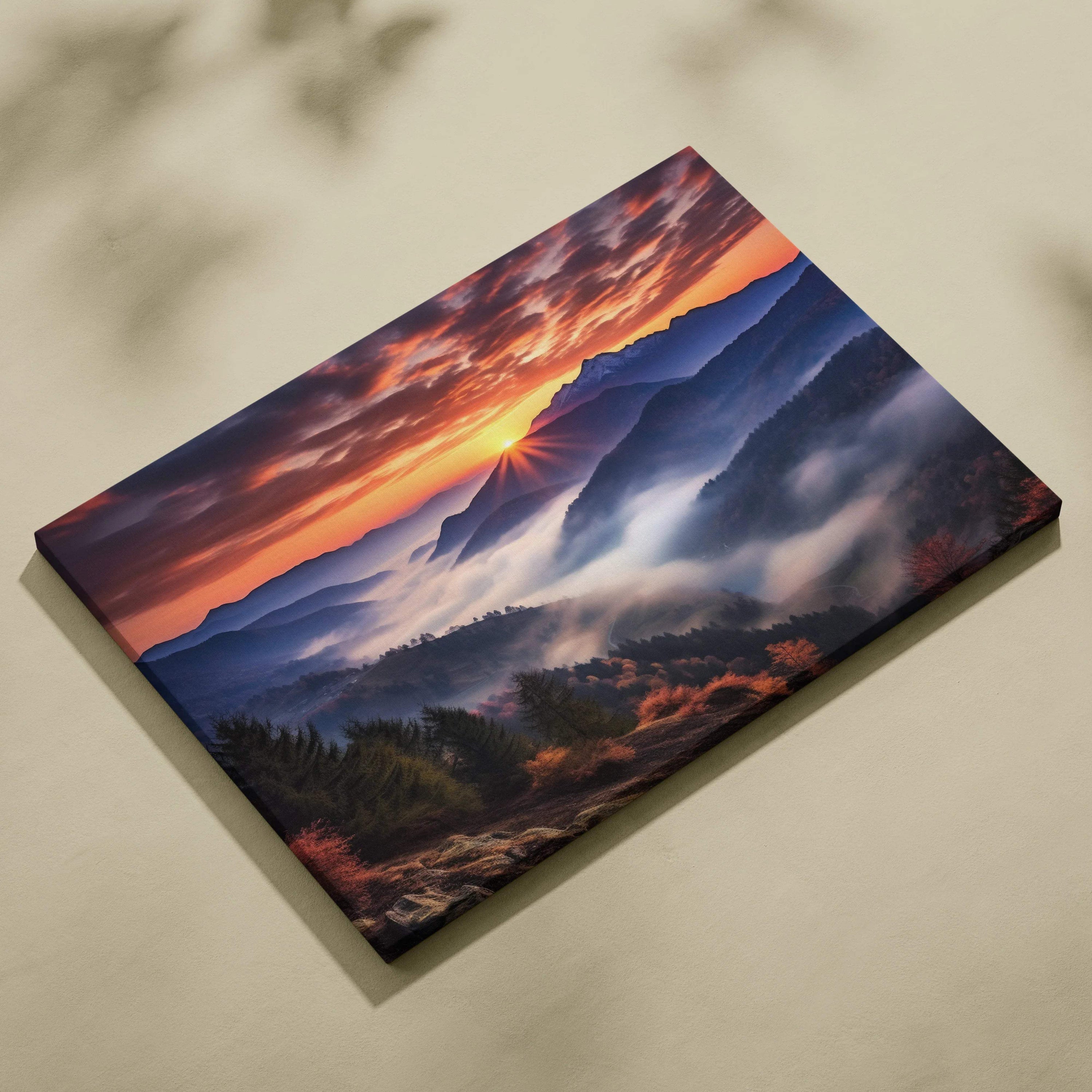 Mountain sunrise canvas print with foggy alpine peaks in warm hues
