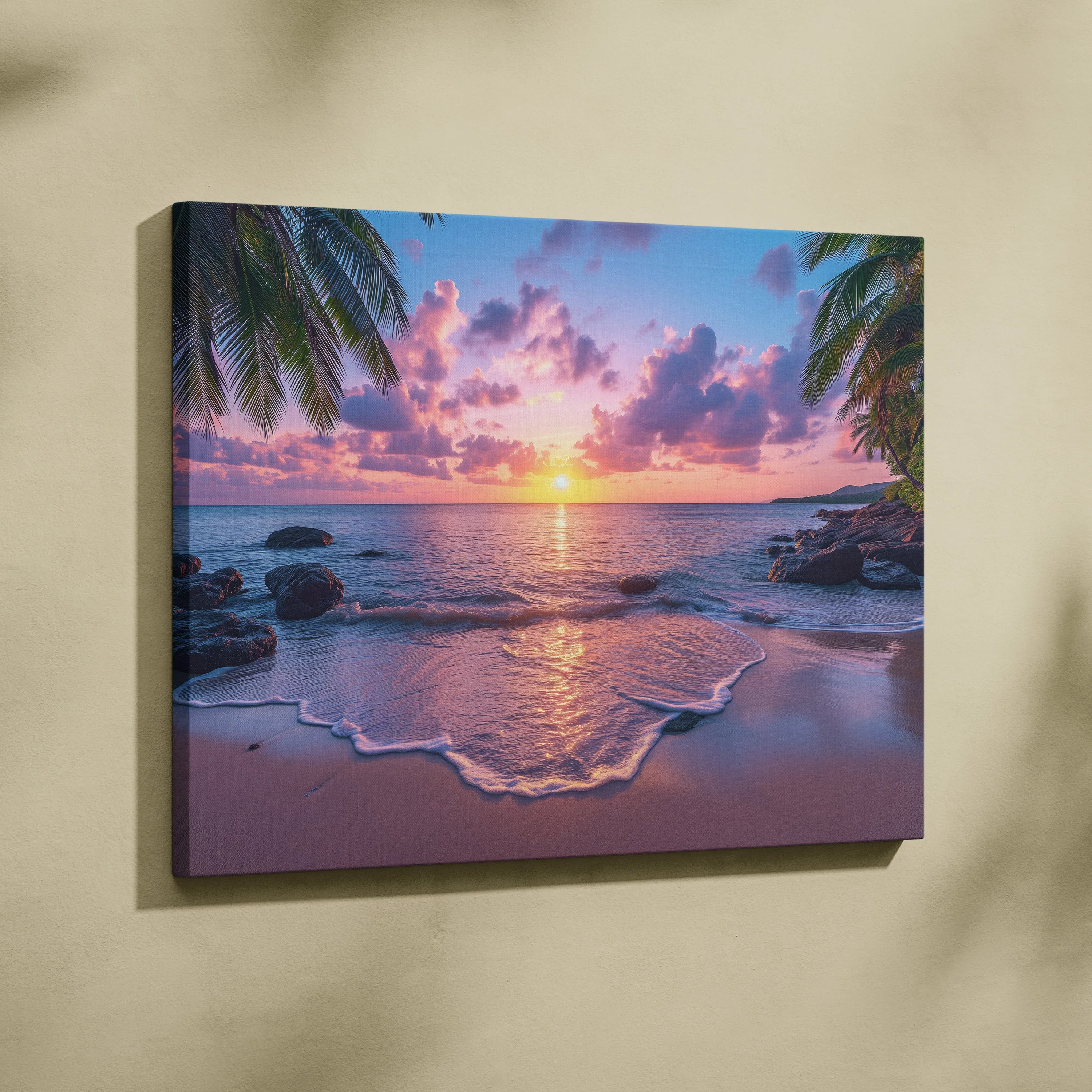 Sunset beach scene canvas wall art with vibrant pink and purple sky, palm trees, and gentle waves.
