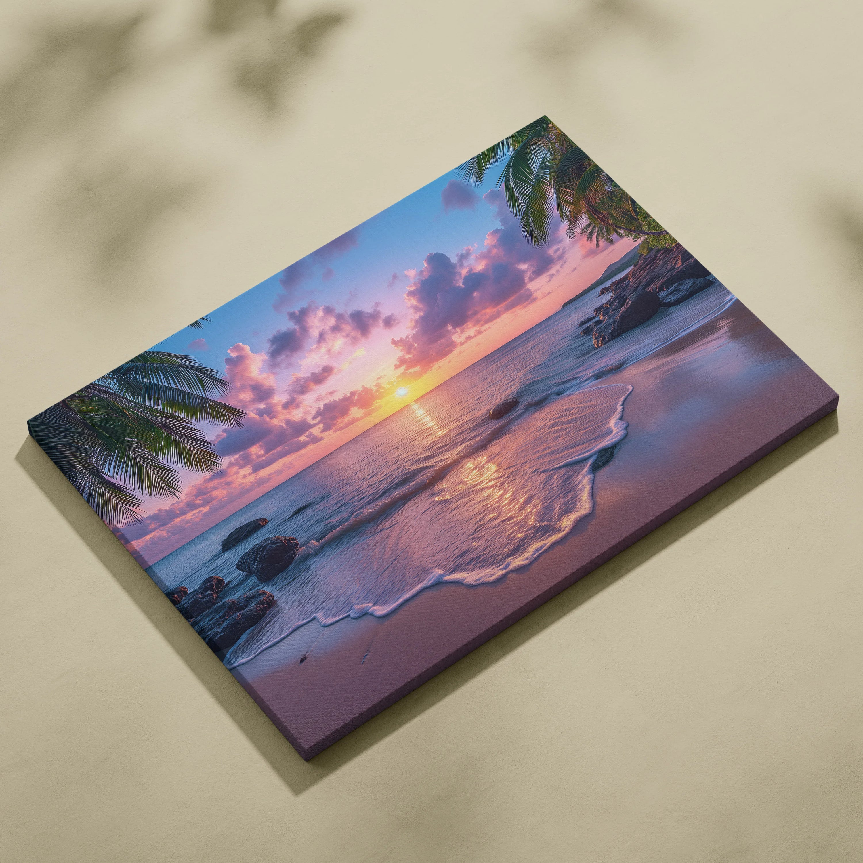Canvas wall art featuring a vibrant beach sunset with purple and orange sky, palm trees, and gentle waves on sand.