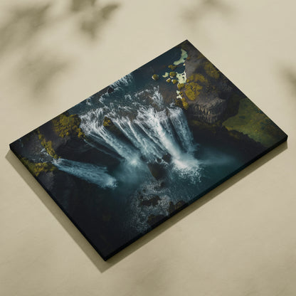 Iceland waterfall nature scene canvas wall art with dark water and green moss rocks.