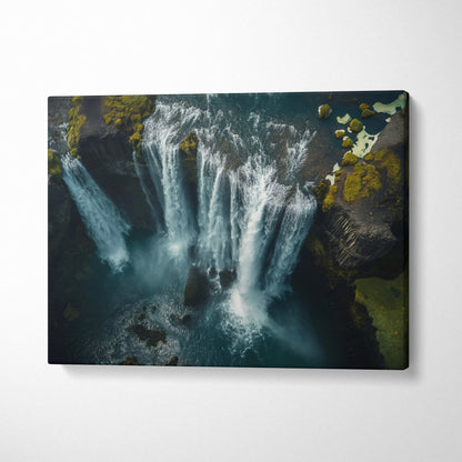 Iceland waterfall canvas wall art showing high-resolution nature scene with cascading water and mossy rocks.