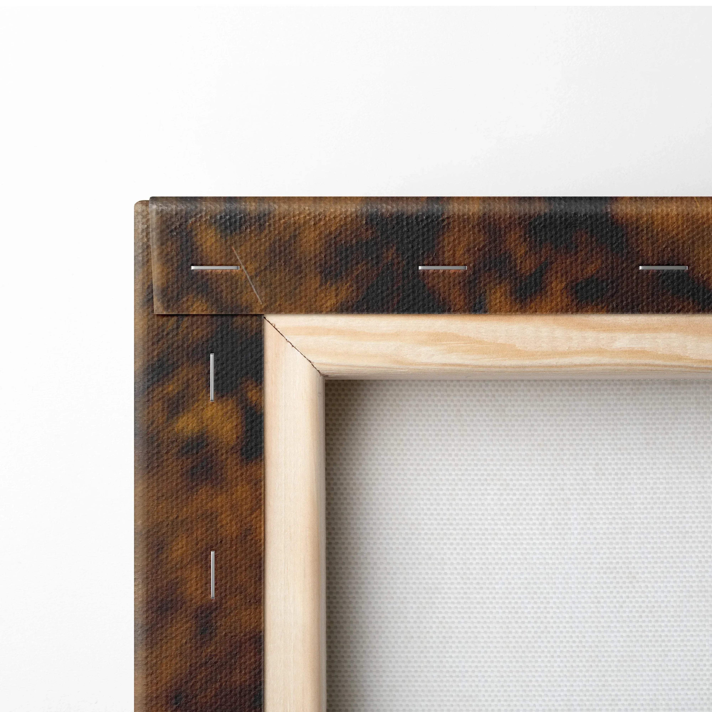 Close-up of wooden stretcher frame and textured canvas for autumn nature wall art canvas print.