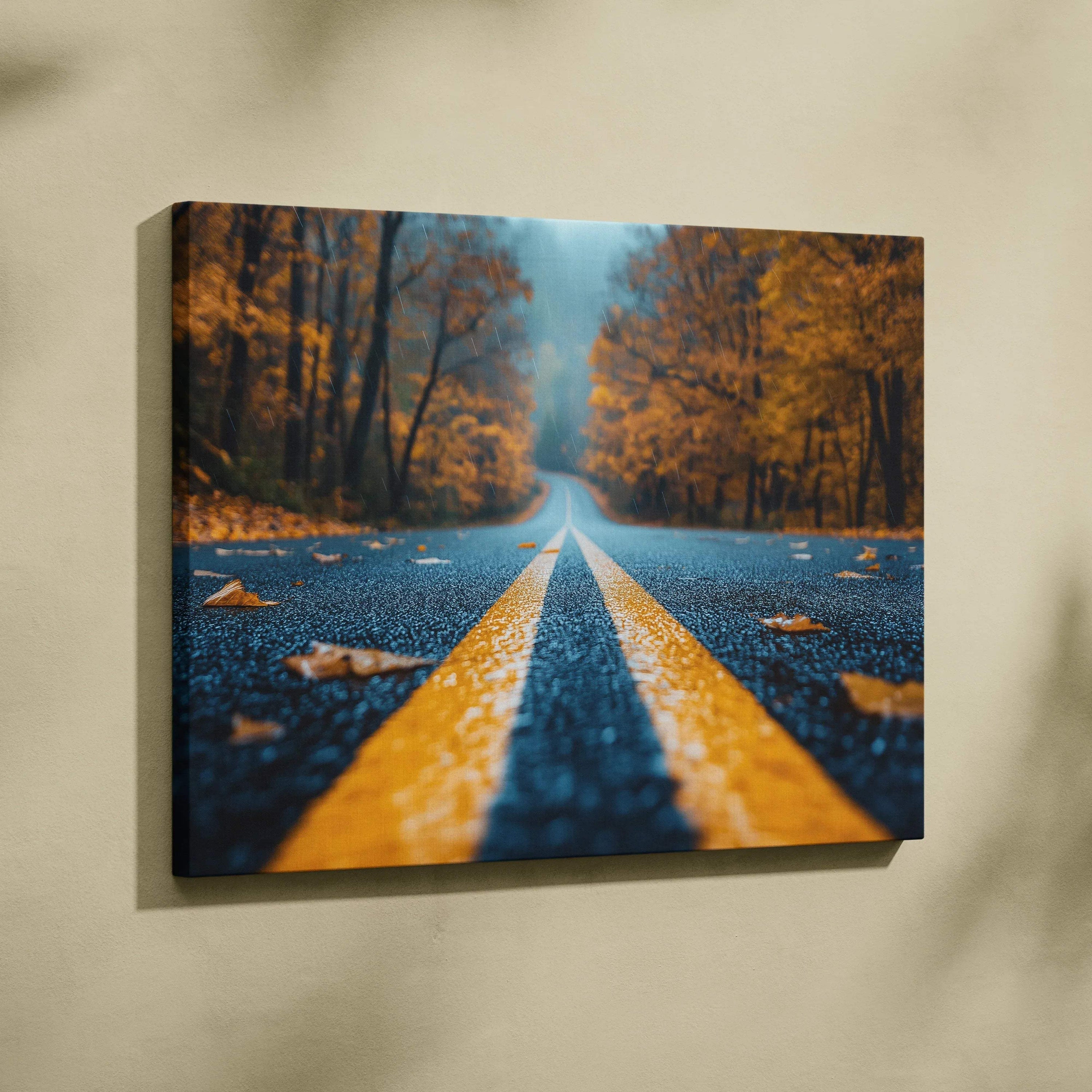 Canvas wall art featuring a vibrant autumn forest scene with red and orange foliage and a road path.