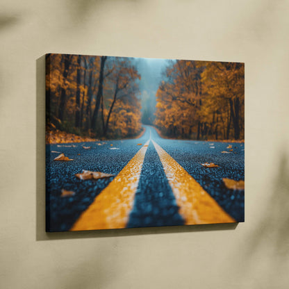 Canvas wall art featuring a vibrant autumn forest scene with red and orange foliage and a road path.