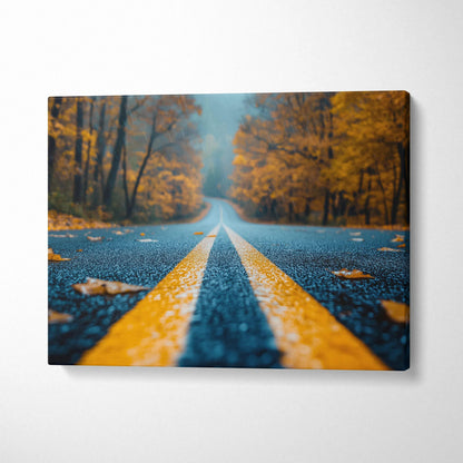 Autumn forest road with vibrant orange foliage and fallen leaves on canvas wall art.