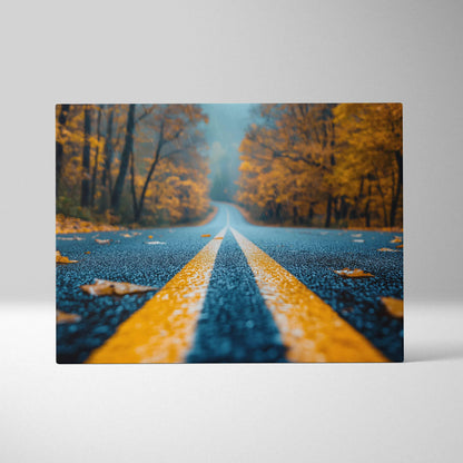 Autumn forest path with vibrant red and orange foliage on canvas wall art print.