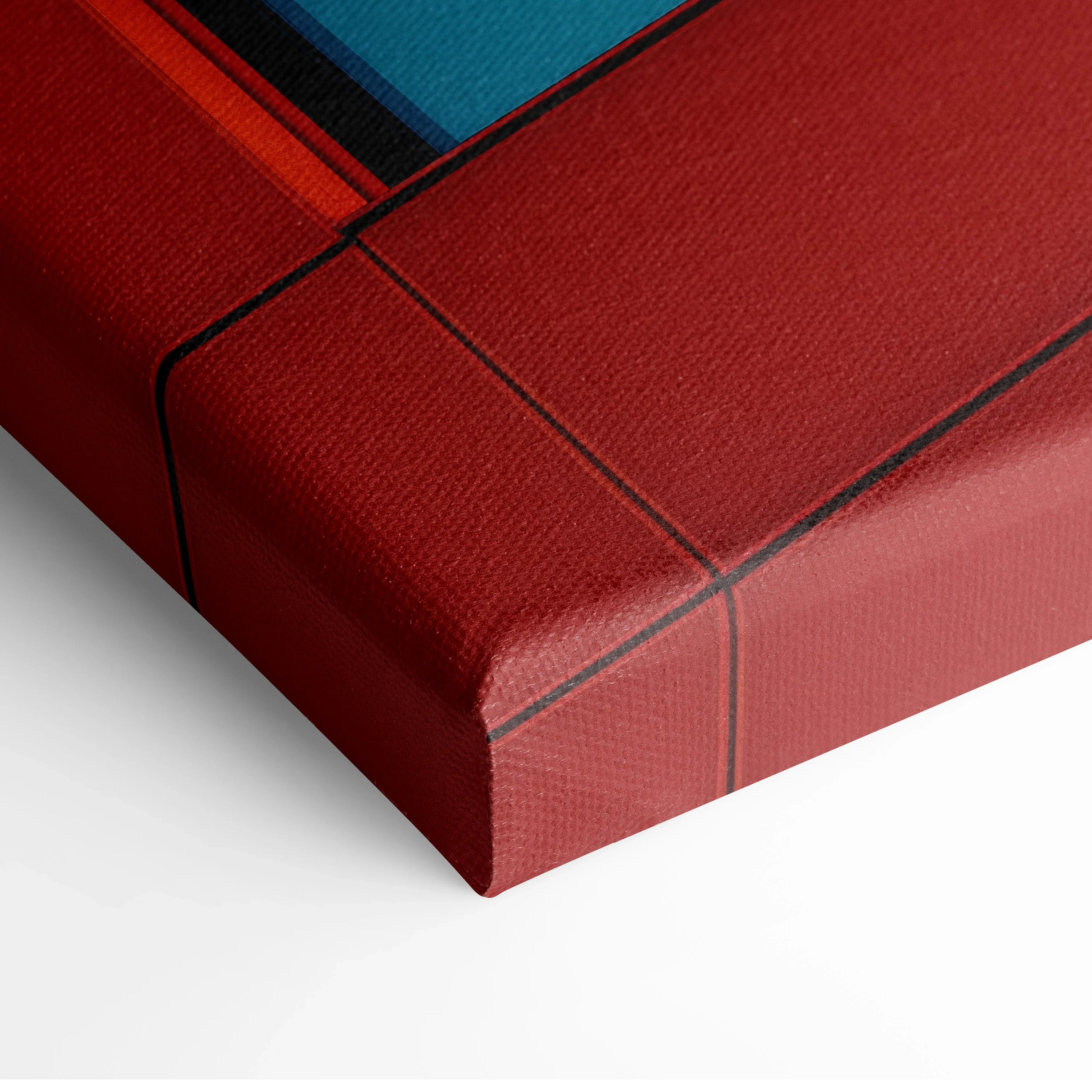 Red and blue geometric architecture canvas wall art with clean black lines, modern abstract design on stretched canvas.