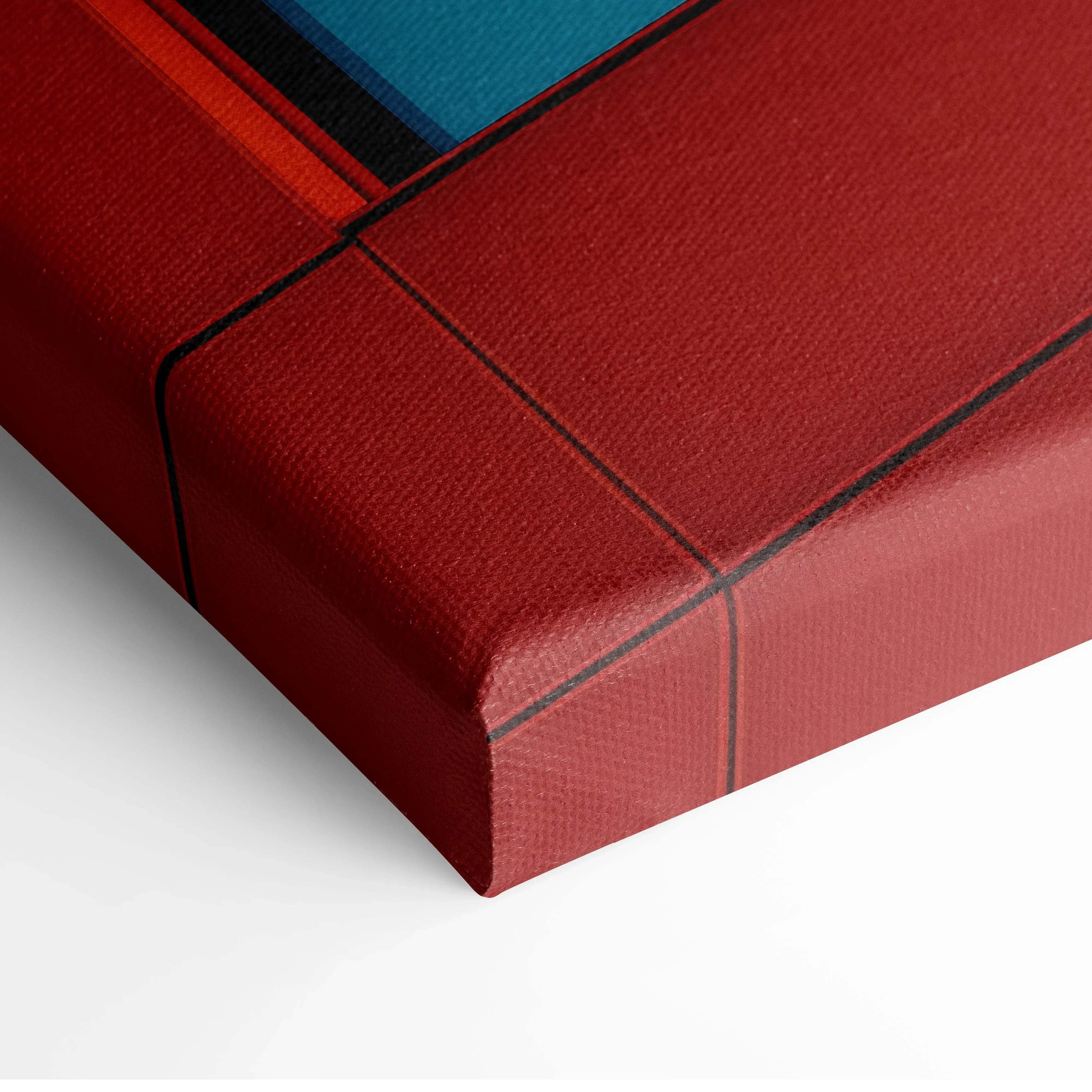 Red canvas print with textured surface and bold geometric design in black orange and teal for modern urban wall art