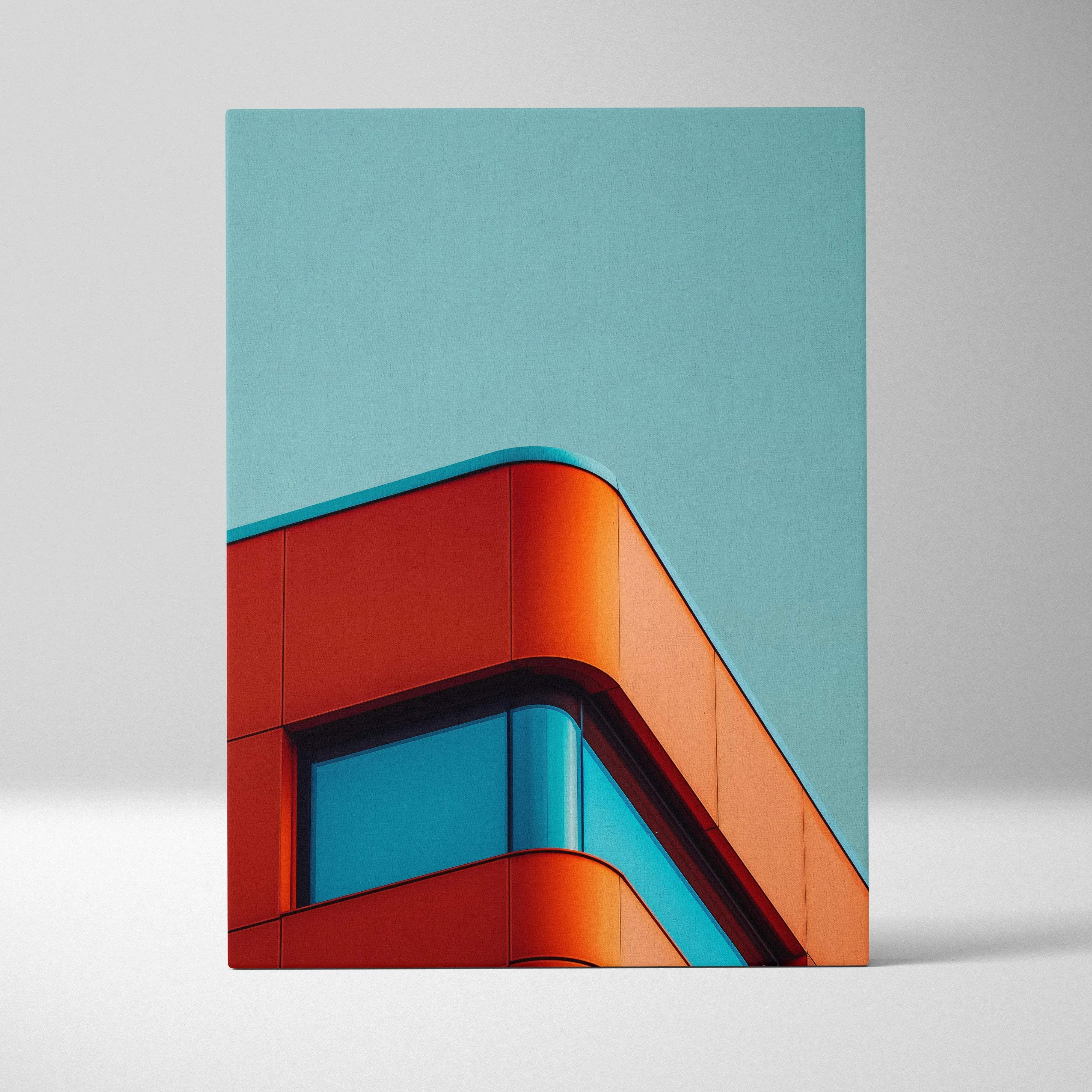 Modern architecture canvas wall art featuring a bold red orange and teal building corner against a light blue sky