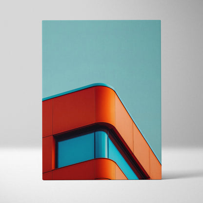 Modern architectural detail with bold red and blue lines on vertical canvas wall art.
