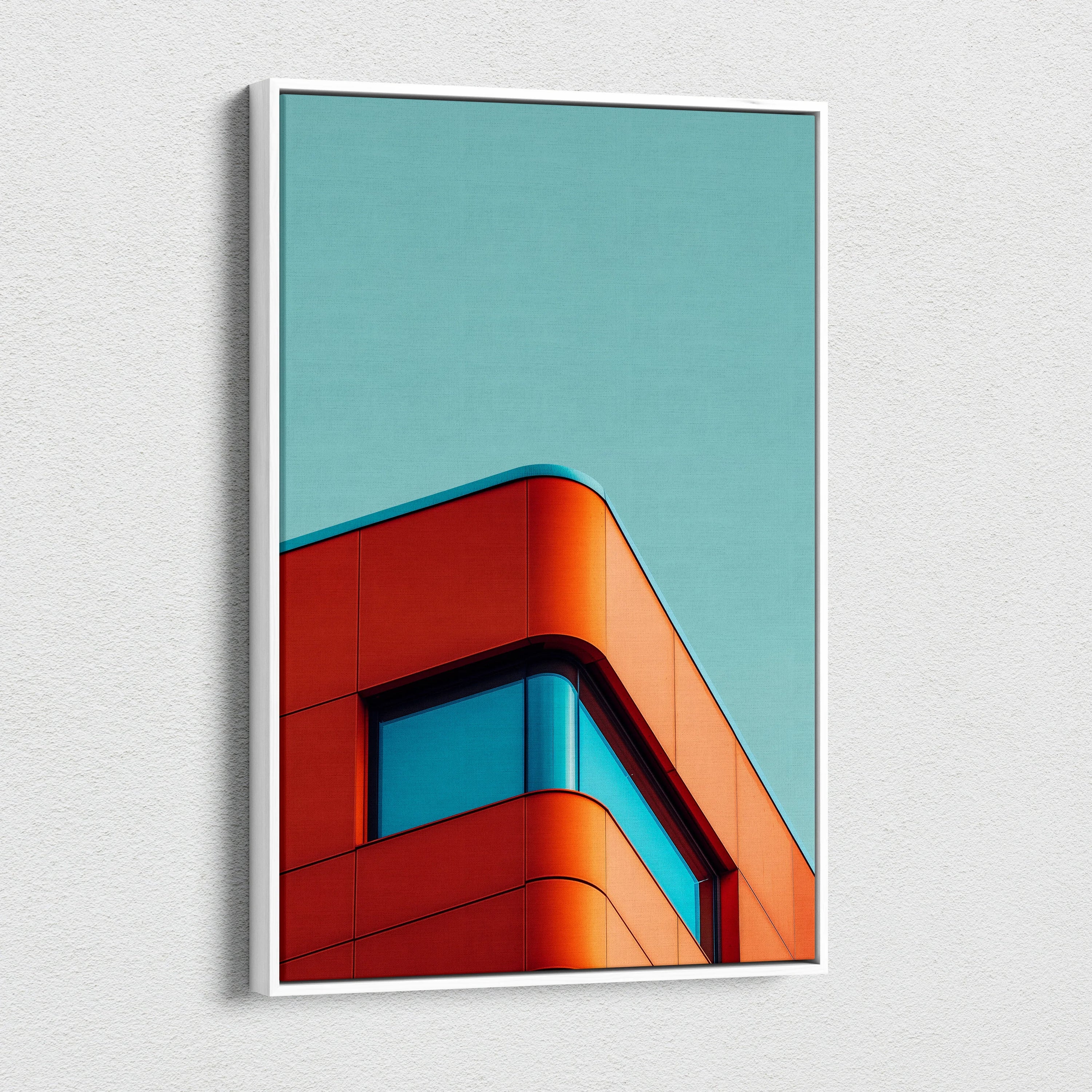 Modern architectural canvas wall art featuring curved red building detail against clear sky.