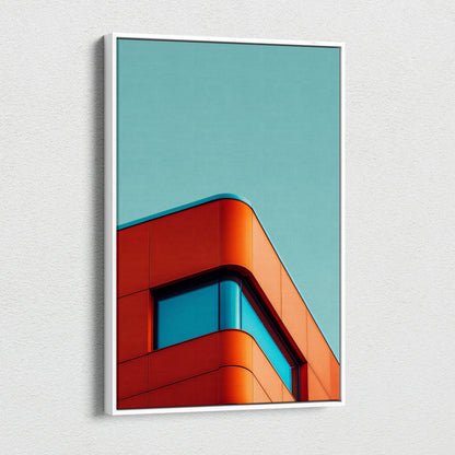 Modern architectural canvas wall art featuring curved red building detail against clear sky.