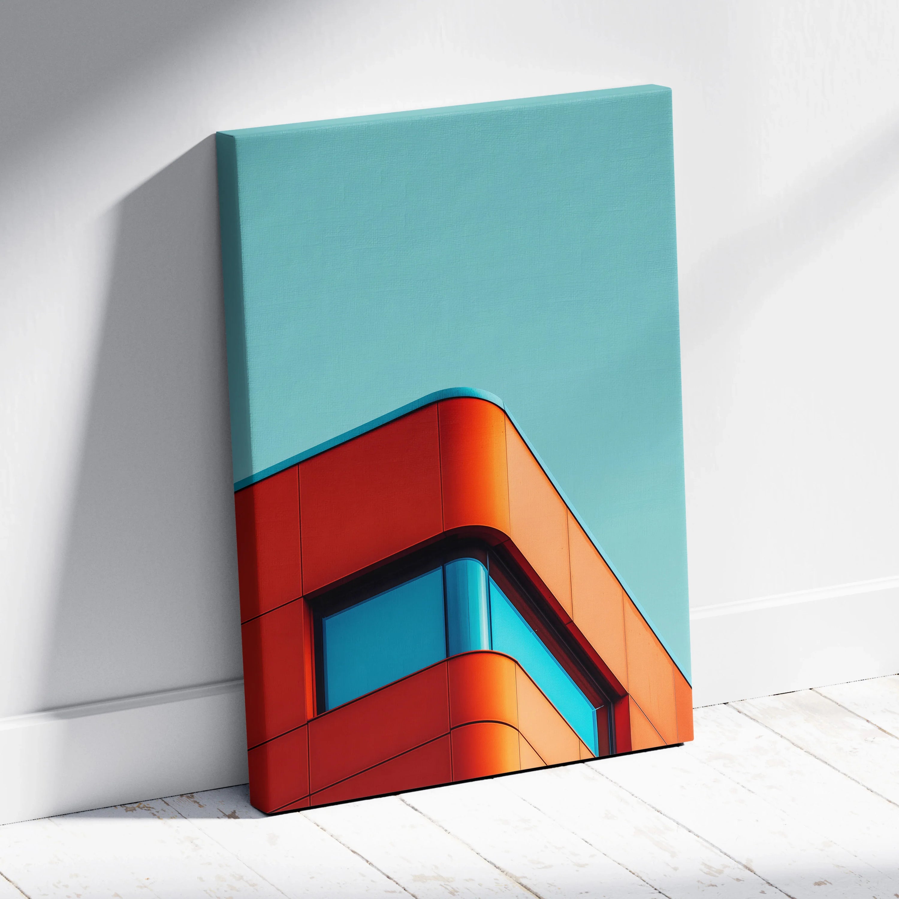 Modern architecture canvas wall art featuring a vibrant red building corner against a clear blue sky.