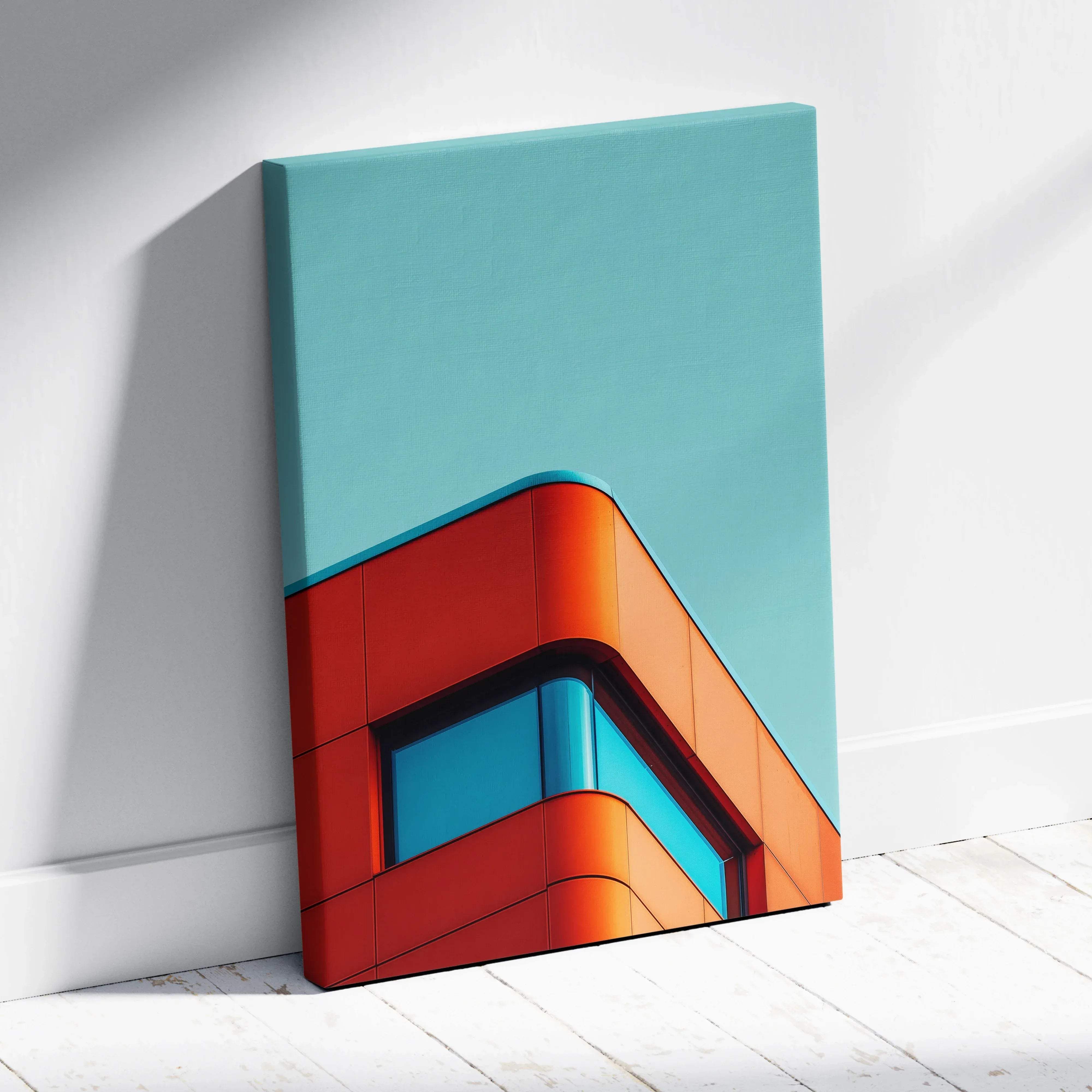 A modern abstract canvas print featuring a bold orange and teal geometric building corner on white background