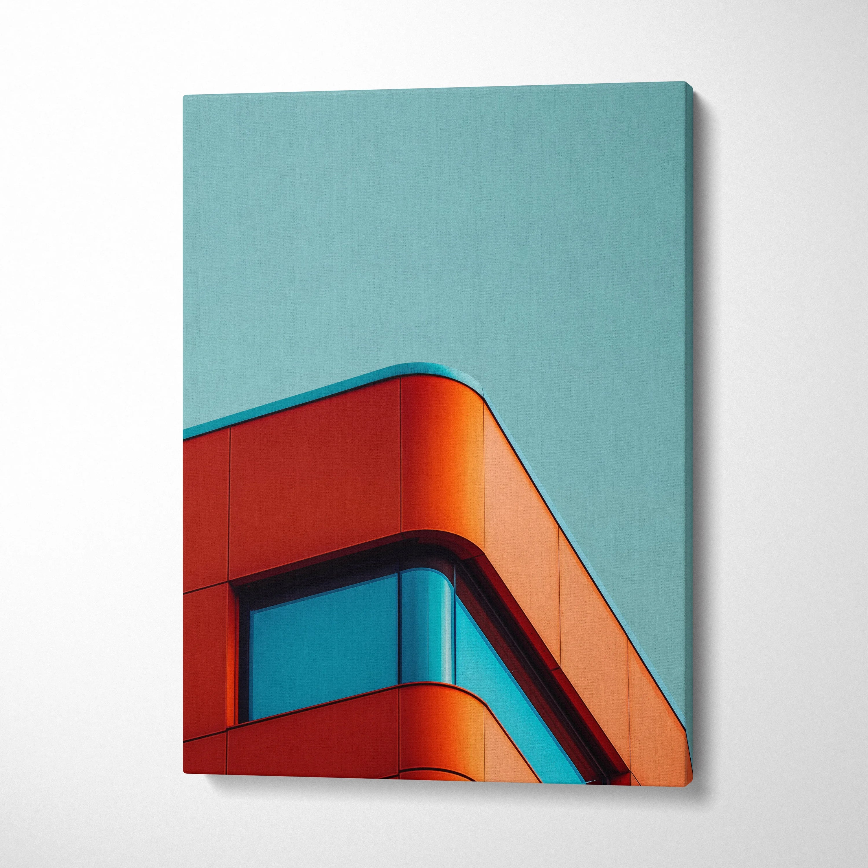 Modern architectural design canvas wall art with bold orange and blue geometric shapes against a teal background.
