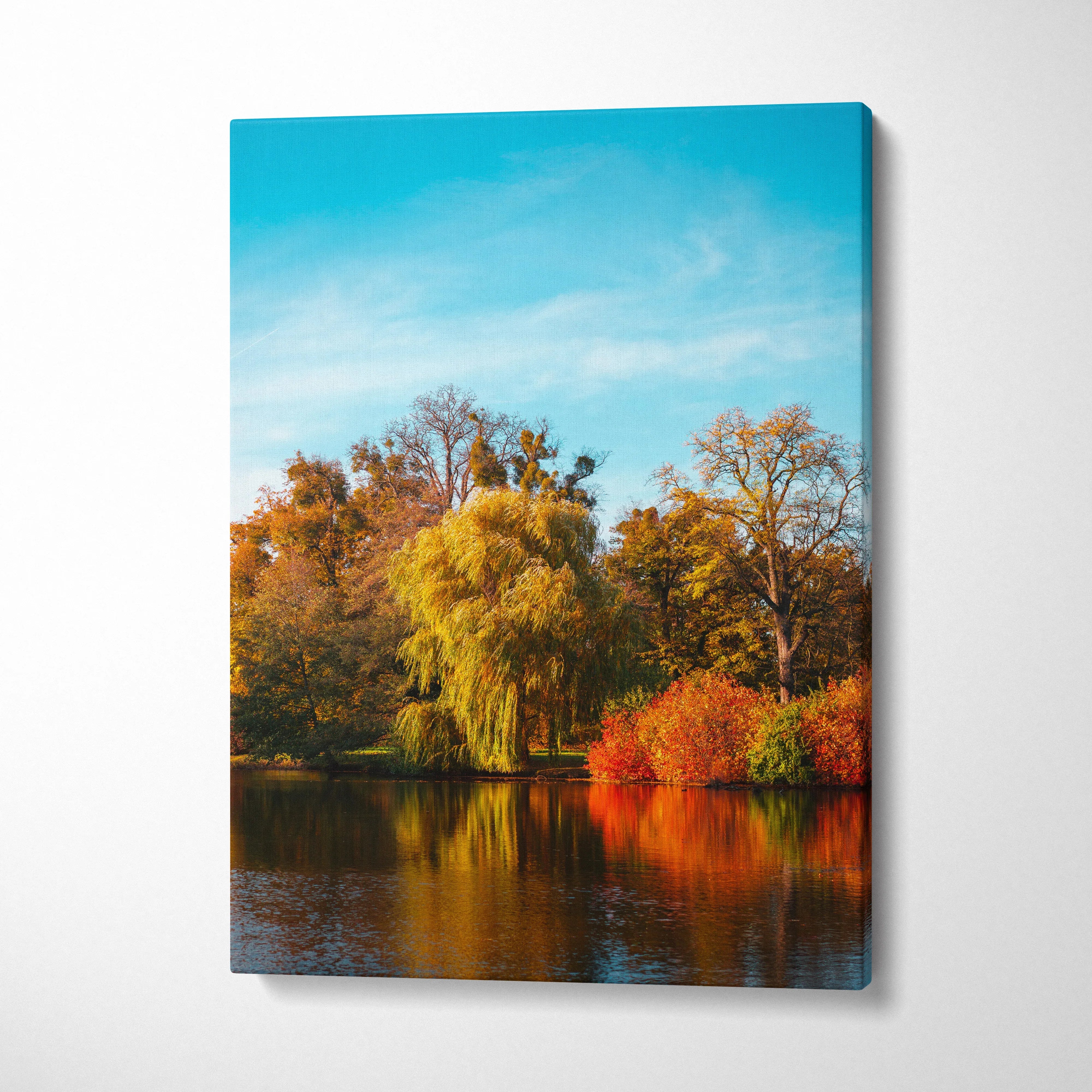Autumn landscape canvas wall art with colorful trees reflected in calm lake water.