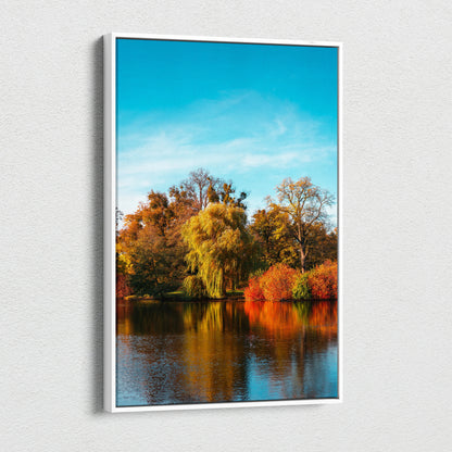 Autumn nature scene canvas art with colorful trees reflected in calm lake, vertical wall art.