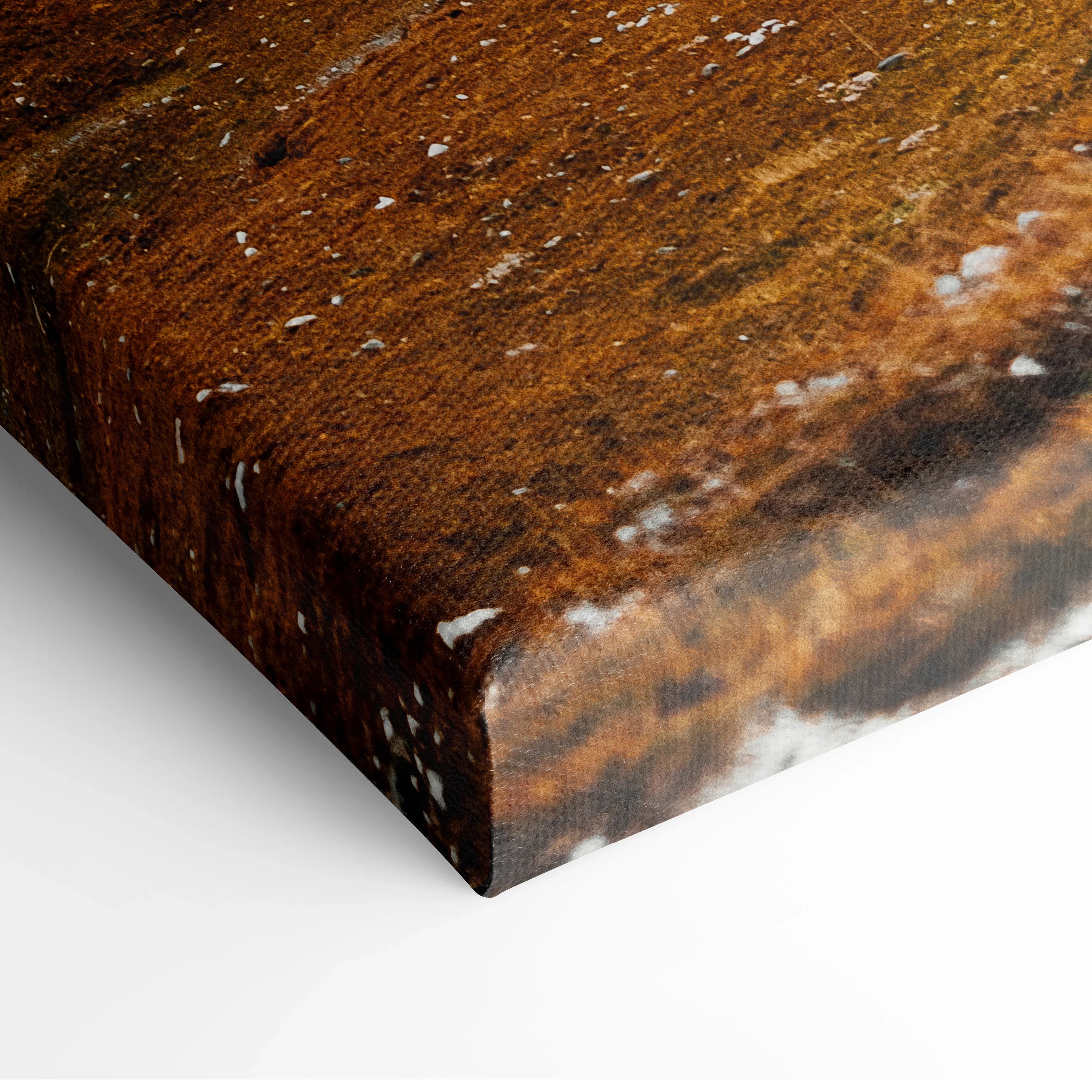 Close-up of vibrant autumn landscape road canvas art with rich orange and brown tones, textured canvas wall art.