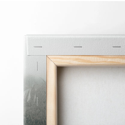 Close-up of wooden frame corner on stretched canvas wall art with white fabric texture.