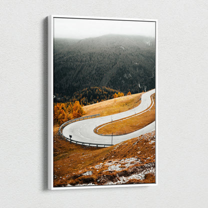 Vertical canvas art featuring a winding road through vibrant autumn landscape and misty forest wall art.
