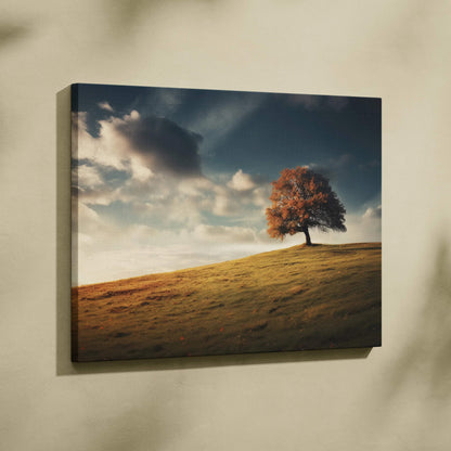 Canvas art featuring a solitary autumn tree on a grassy hill under a dramatic cloudy sky, vibrant wall art.