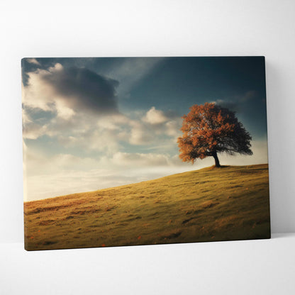 Canvas wall art featuring a solitary tree with vibrant autumn foliage on a grassy hill under a cloudy sky.