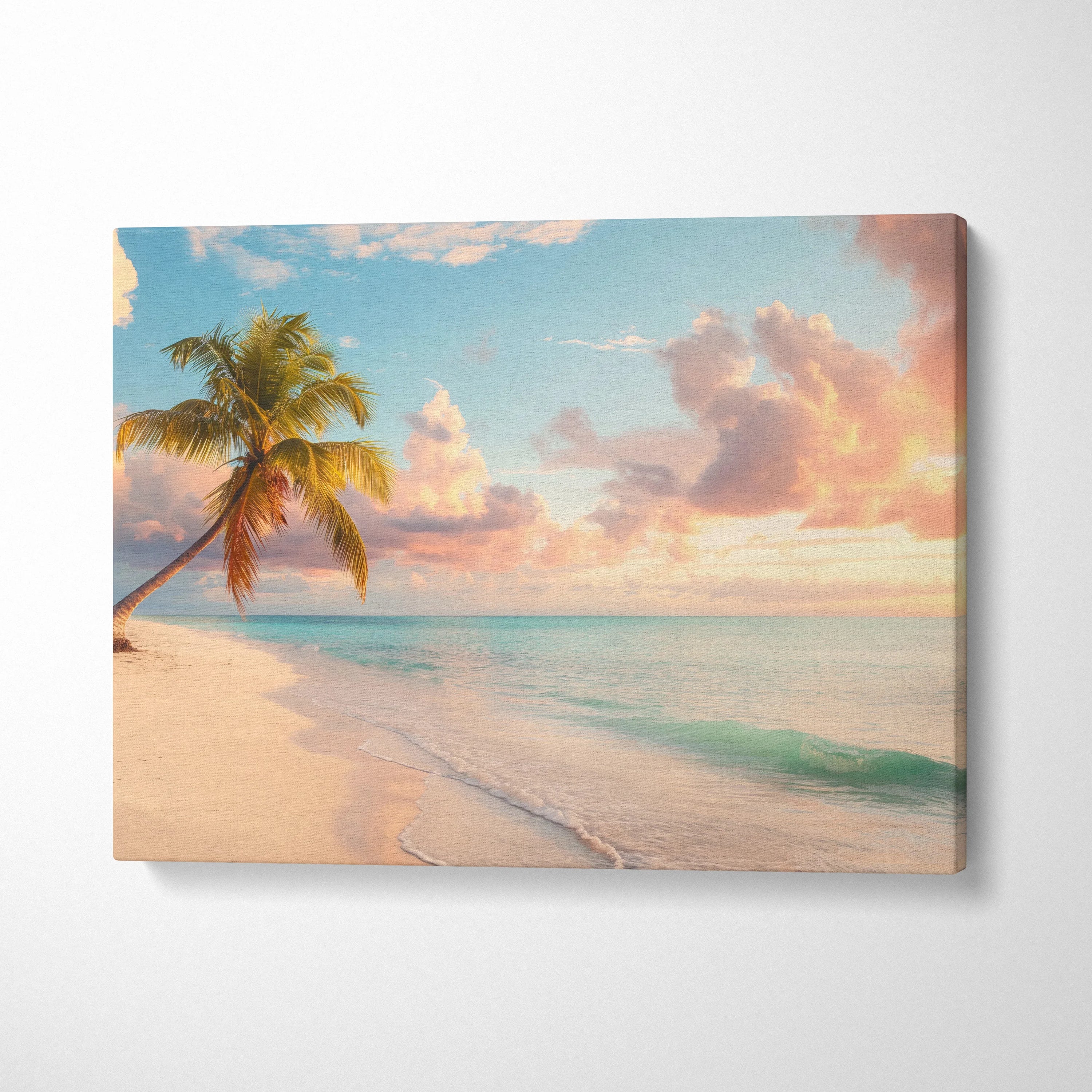 Canvas wall art of a tropical beach with golden sand, a palm tree, and a vibrant sunset sky.