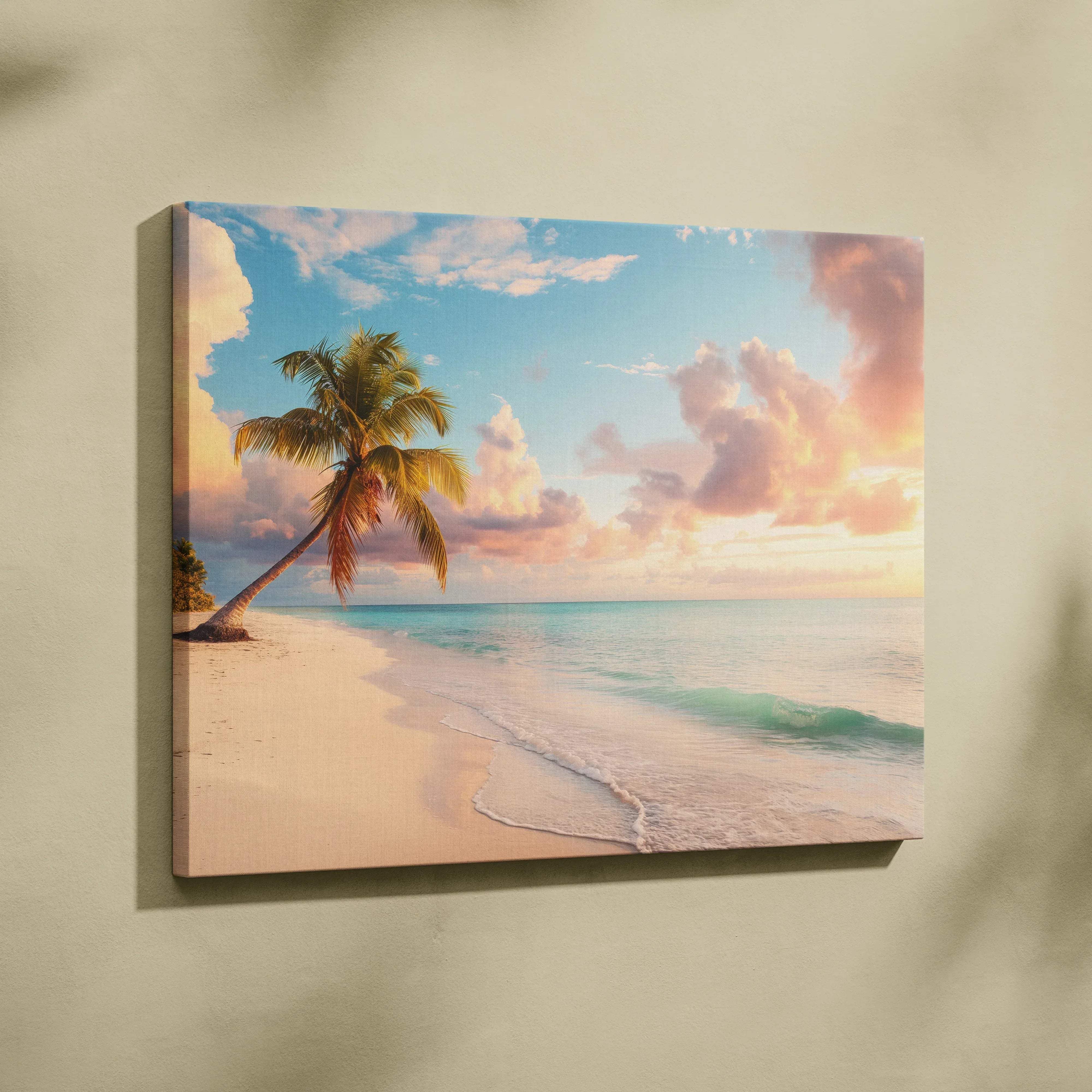 Beige canvas print of tropical beach scene with leaning palm tree under soft pink and blue sky wall art