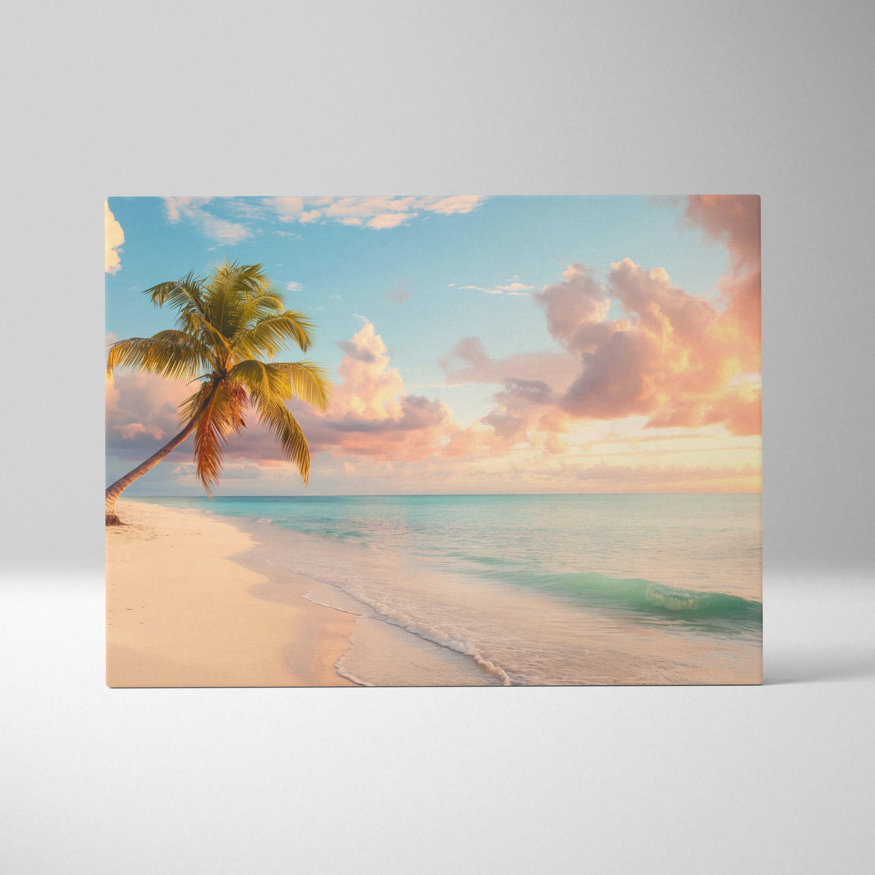 Canvas wall art featuring a tropical beach with palm trees, sandy shore, and vibrant sunset sky in warm hues.