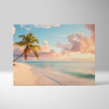 Canvas wall art featuring a tropical beach with palm trees, sandy shore, and vibrant sunset sky in warm hues.