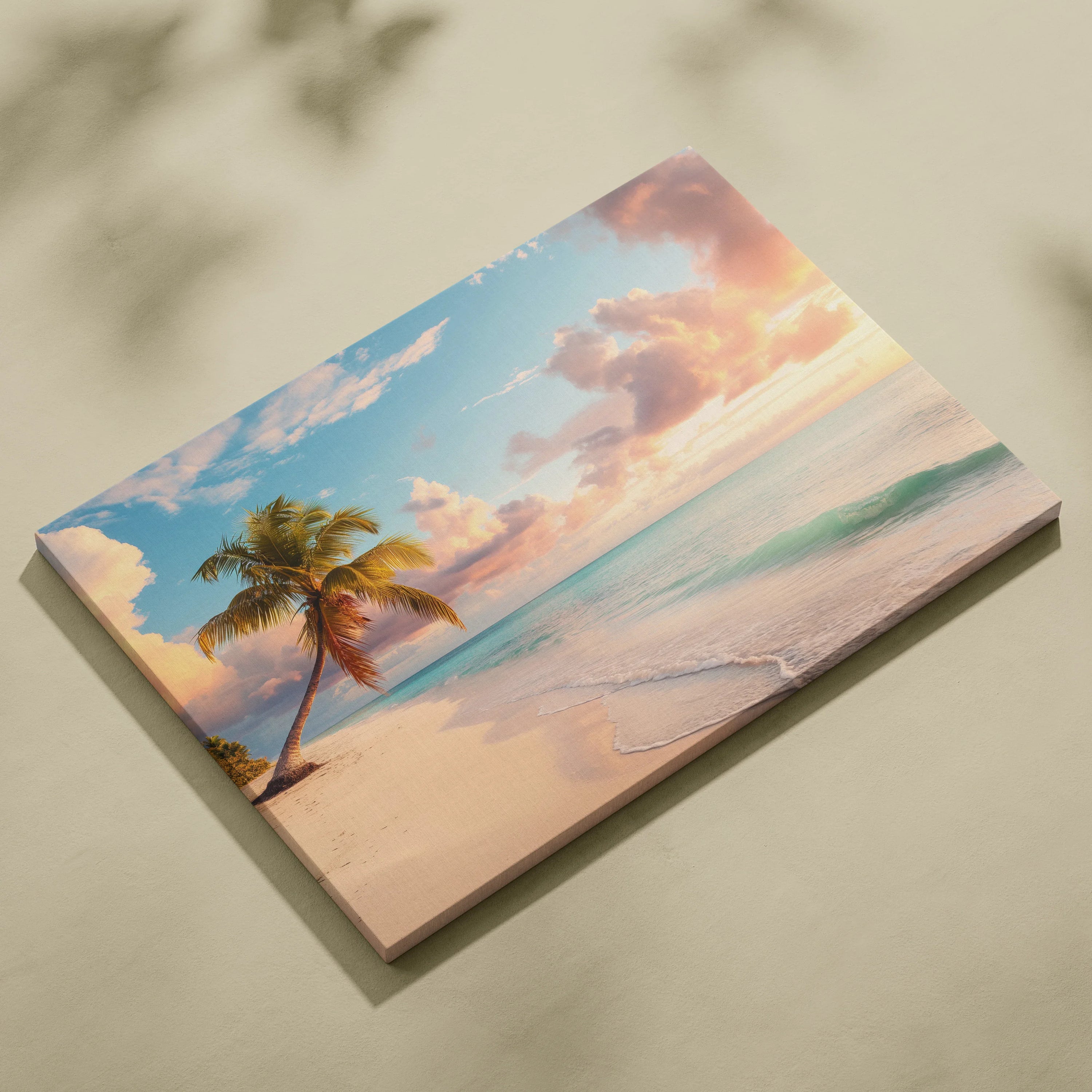 Canvas wall art featuring a tropical beach with a palm tree, sandy shore, and vibrant sunset sky.