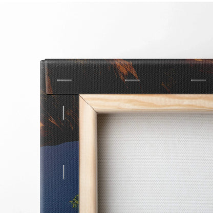 Close-up of corner of stretched canvas wall art with dark forest and blue mist design, wooden frame visible.