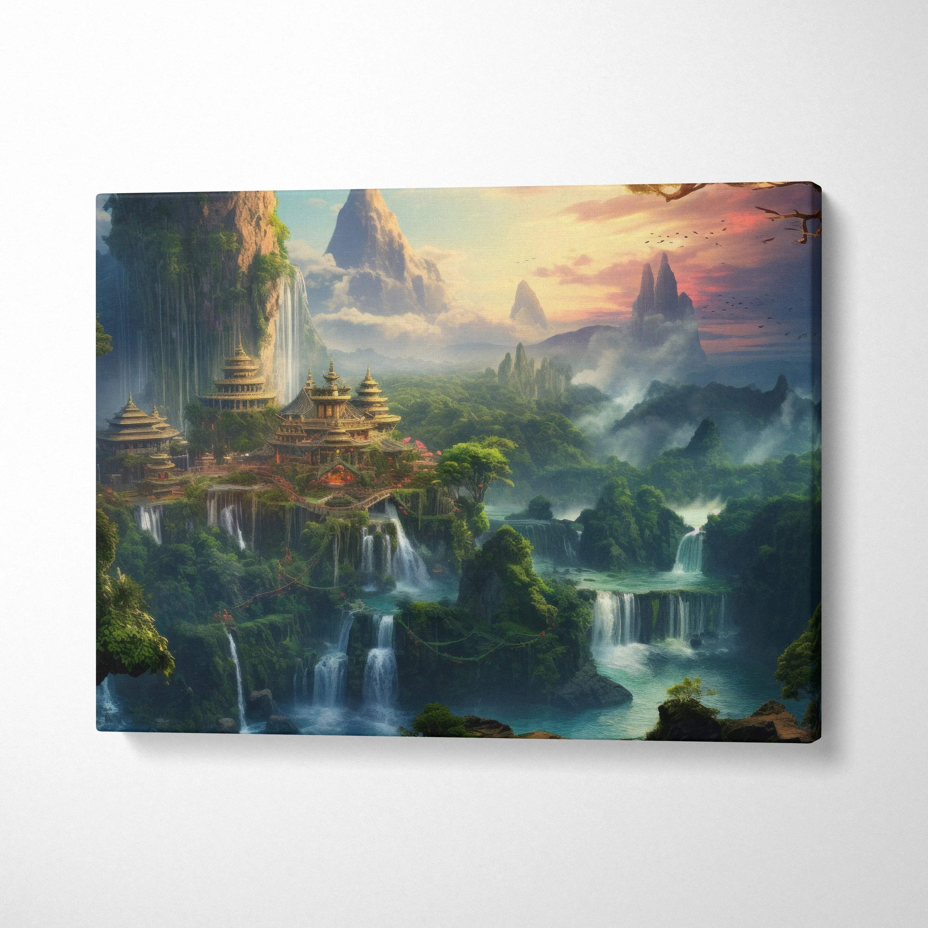 Enchanted misty forest fantasy landscape canvas wall art with cascading waterfalls and pagoda decor.