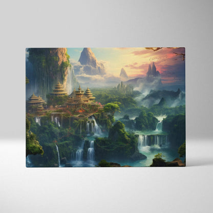 Enchanted misty forest fantasy wall art canvas print with waterfalls and pagoda decor.