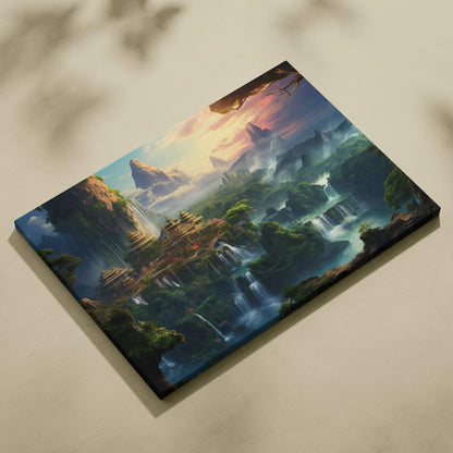 Misty forest fantasy landscape canvas wall art with waterfalls and mountains in vibrant colors.