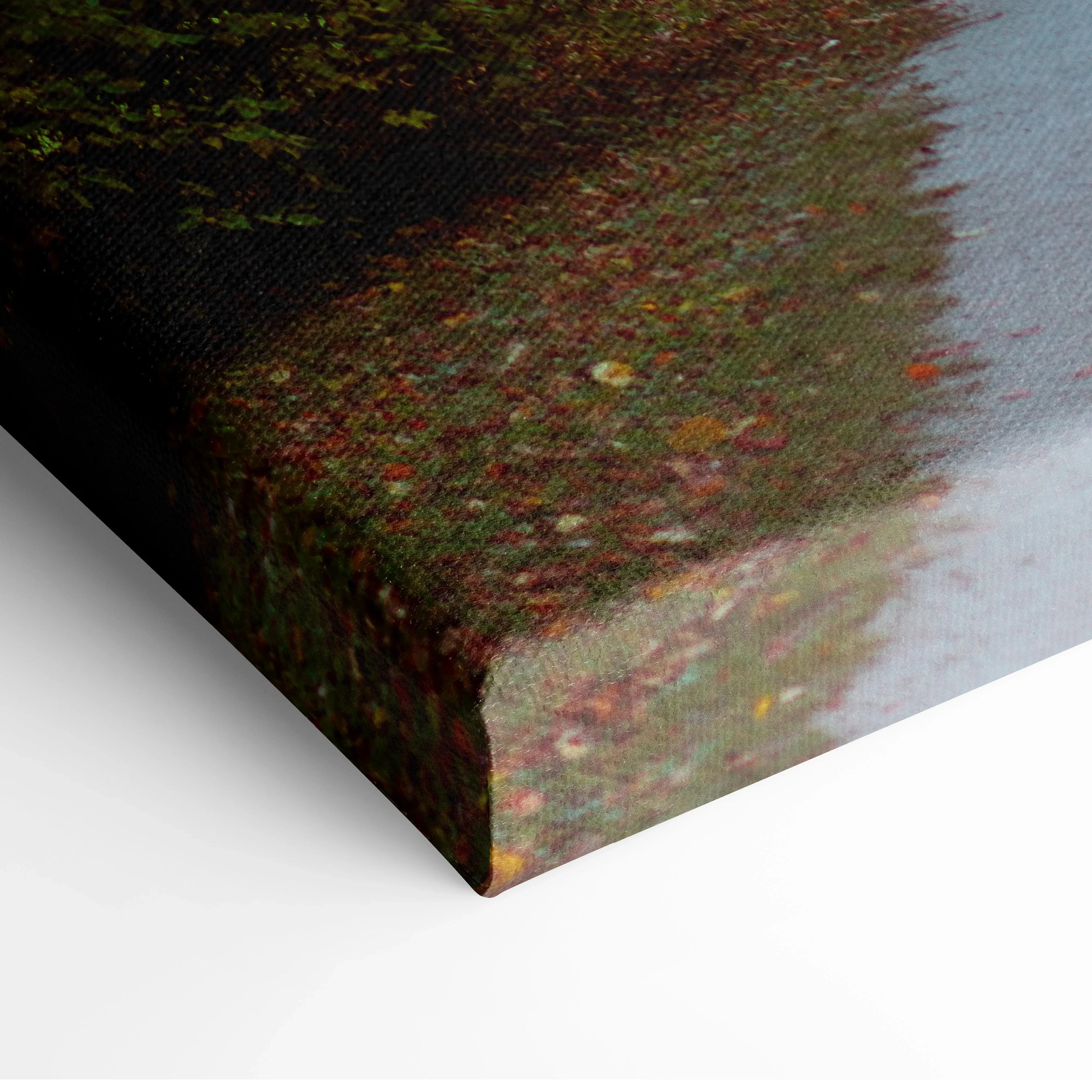 Autumn landscape canvas art with vibrant fall foliage and textured wall art edge.