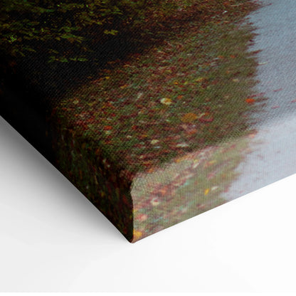 Autumn landscape canvas art with vibrant fall foliage and textured wall art edge.