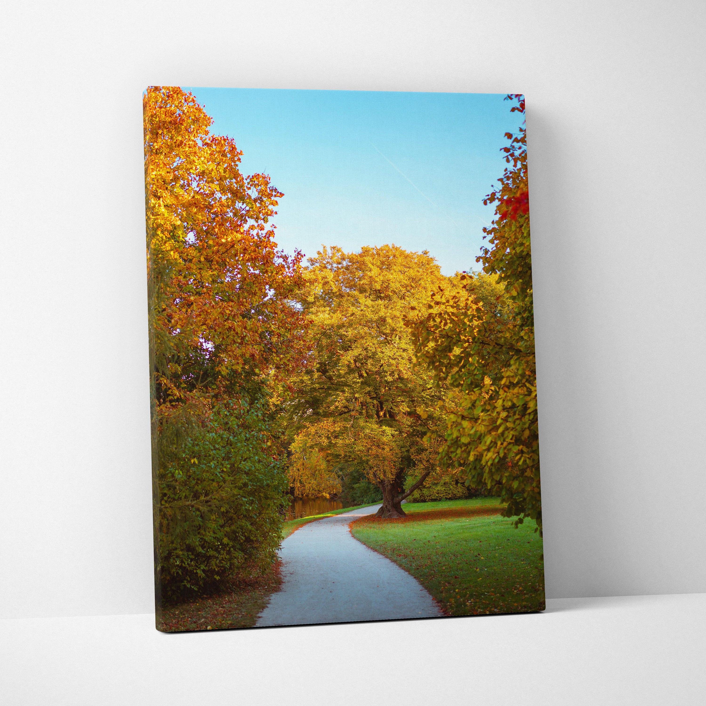 Autumn landscape canvas art showing vibrant orange and yellow trees along winding path under blue sky wall art.