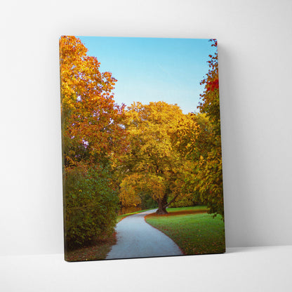 Autumn landscape canvas art showing vibrant orange and yellow trees along winding path under blue sky wall art.