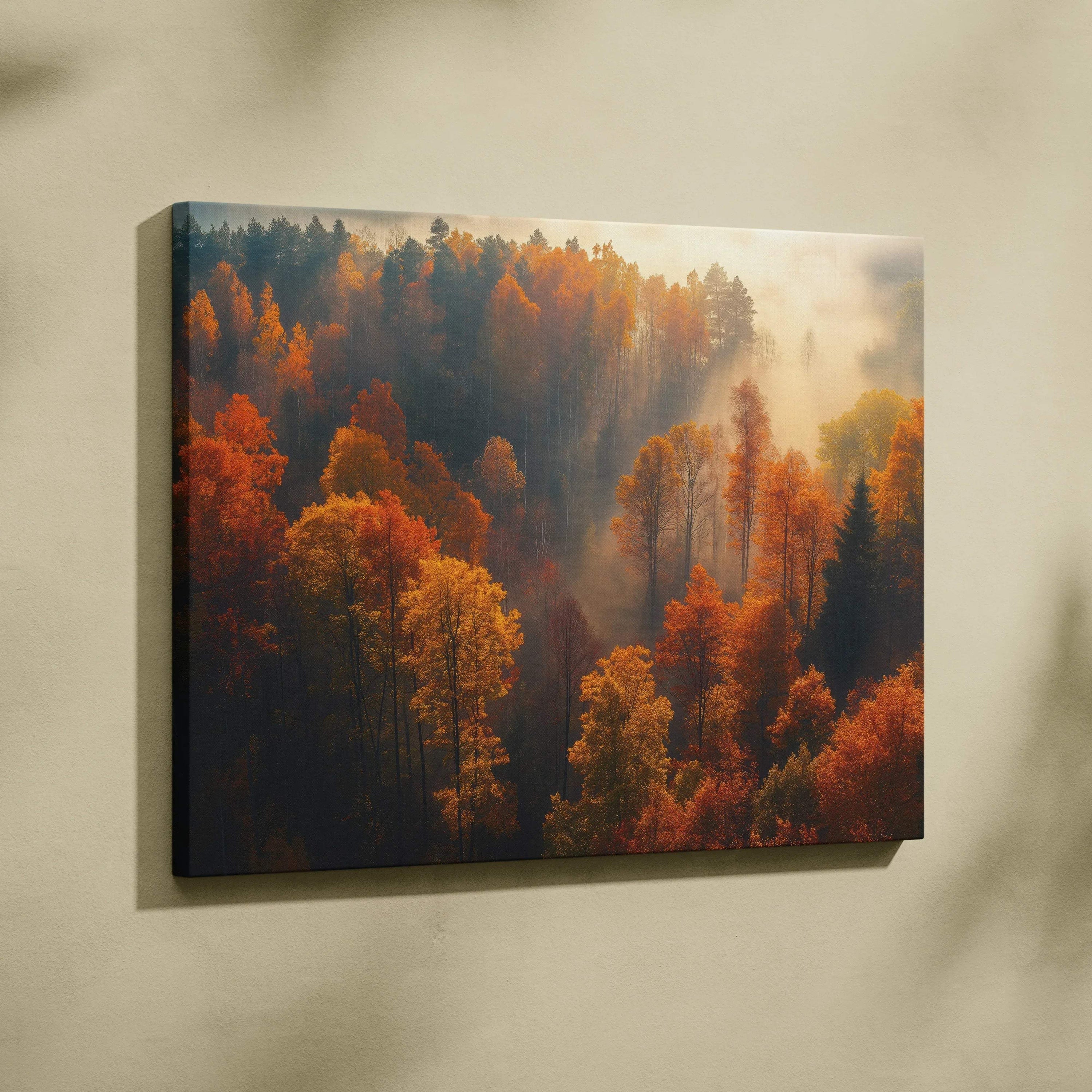 Autumn forest landscape with golden leaves on vibrant canvas wall art in warm light.